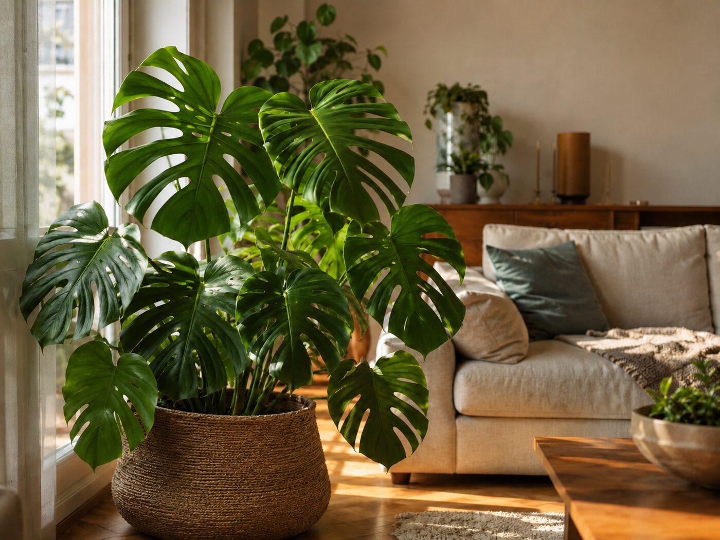 Mature Monstera deliciosa with split, fenestrated leaves growing in a woven planter beside a bright window