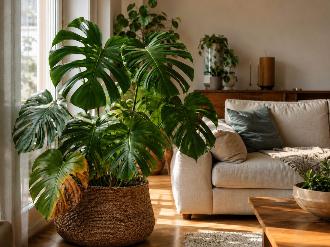 Monstera deliciosa leaf turning yellow and brown at the base, a common sign of overwatering